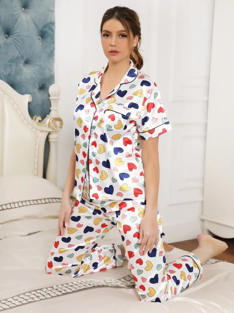 Heart Print White Night Suit