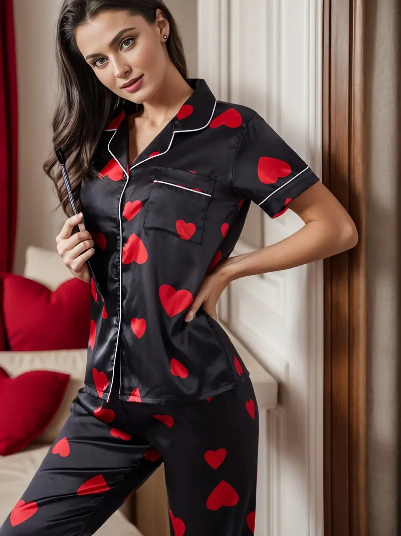 Chic Cozy Heart Print Night Suit