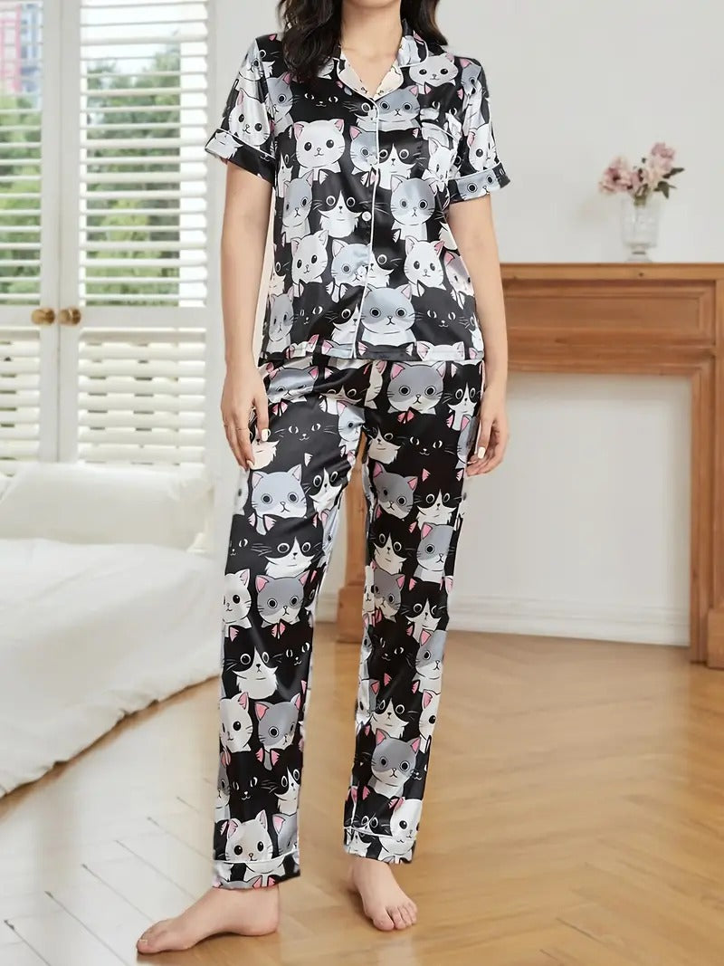 Cute Cat Print Night Suit