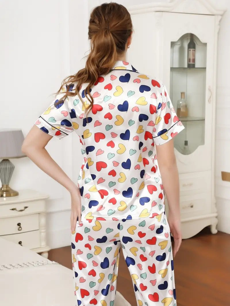 Heart Print White Night Suit