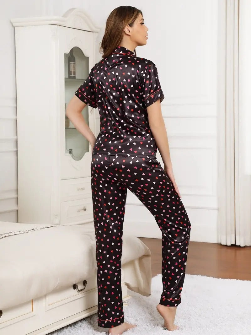 Heart Print Black Night Suit