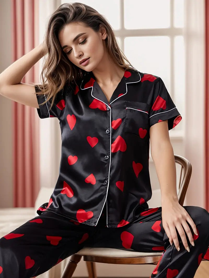 Heart Print Black Night Suit