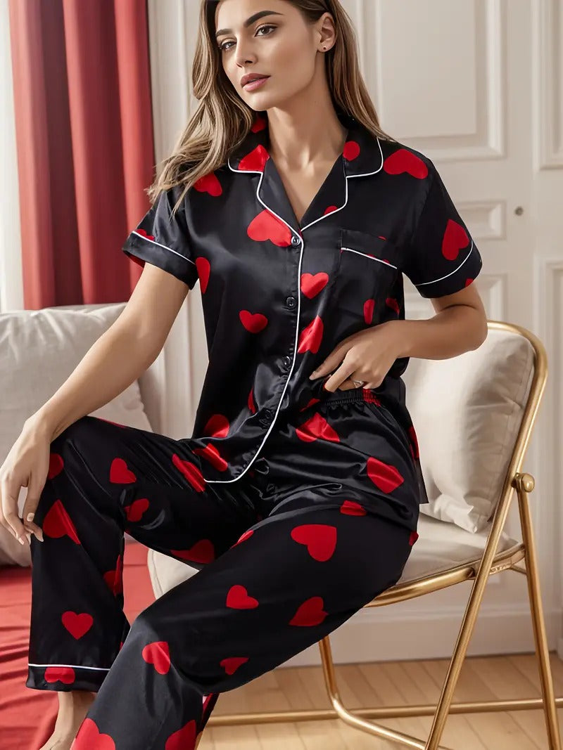 Heart Print Black Night Suit