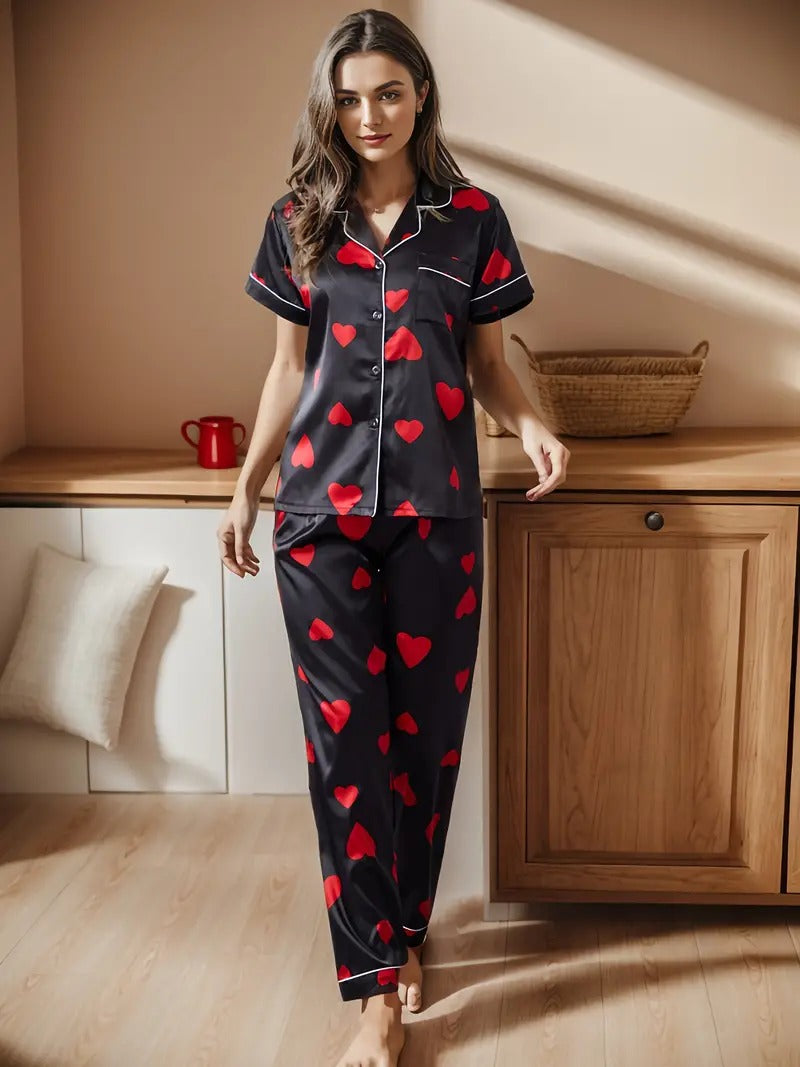 Chic Cozy Heart Print Night Suit